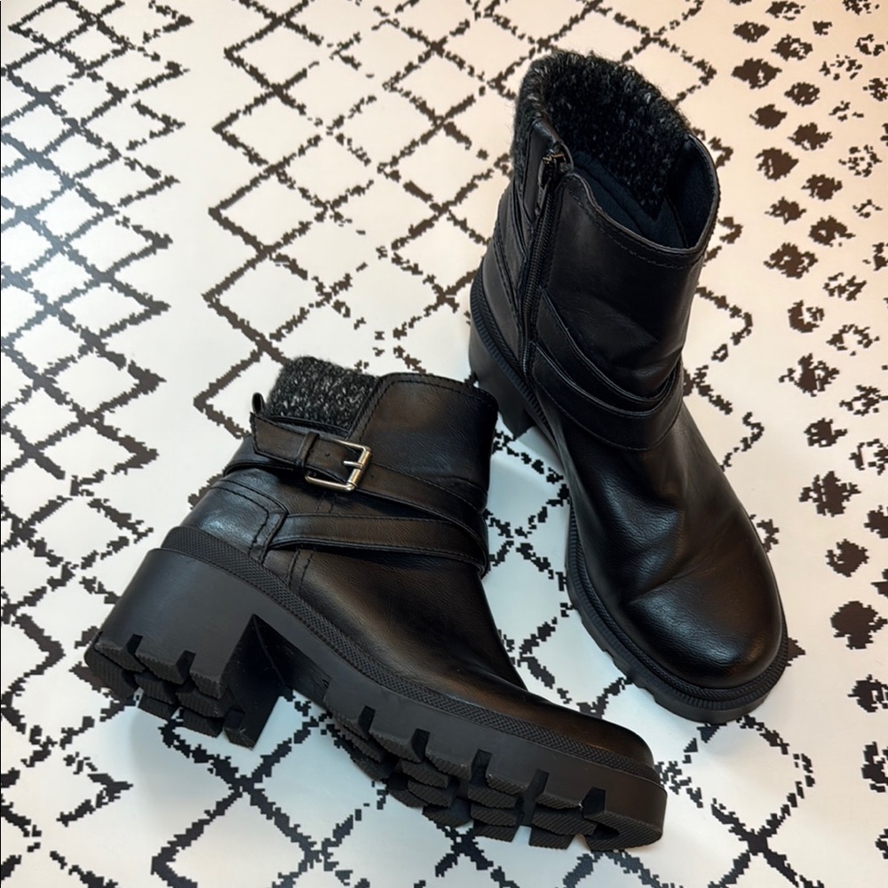 REPORT Black Combat Moto Boots with Chunky Heel and Buckle - US Size 7.5 - EUC